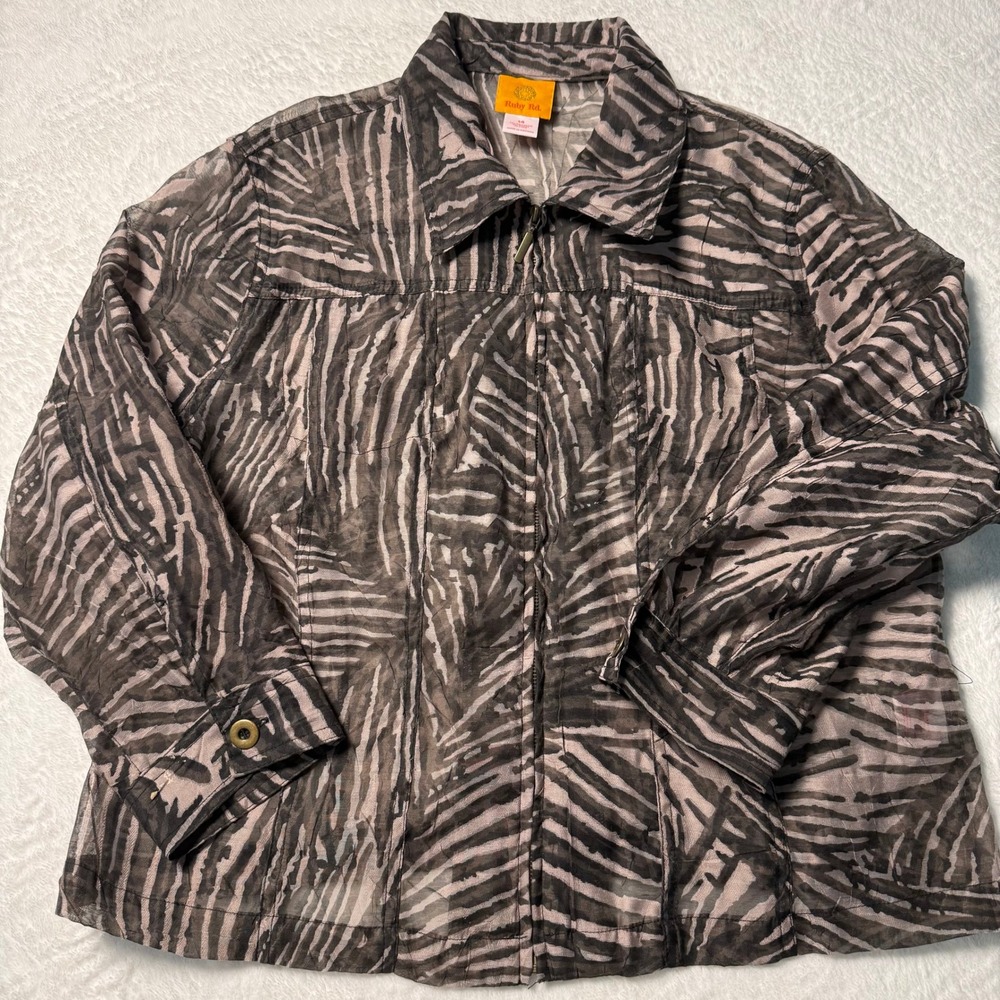 Ruby Rd Zebra Print Zip Jacket Women's Size 14 Gray Black Linen Blend